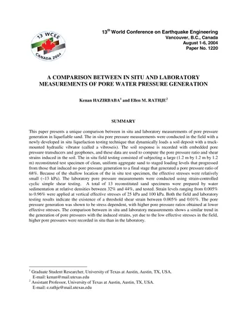 Más sobre Una Comparación entre Mediciones in Situ y de Laboratorio de la Generación de Presión de Agua en los Poros